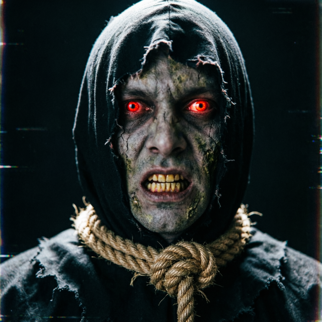 The hooded Hangman watches from the darkness with glowing red eyes